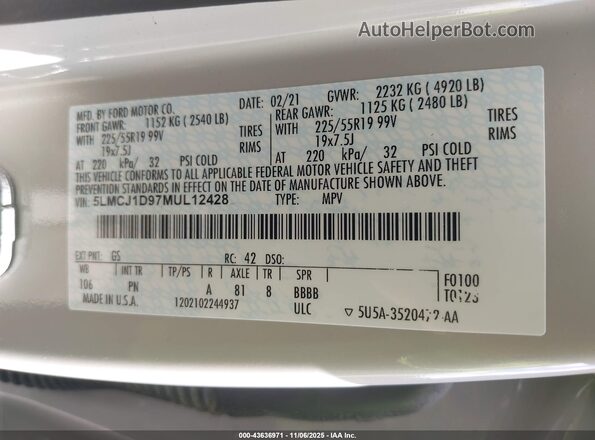 5LMCJ1D97MUL12428 2021 LINCOLN CORSAIR White Вид підкапотного простору