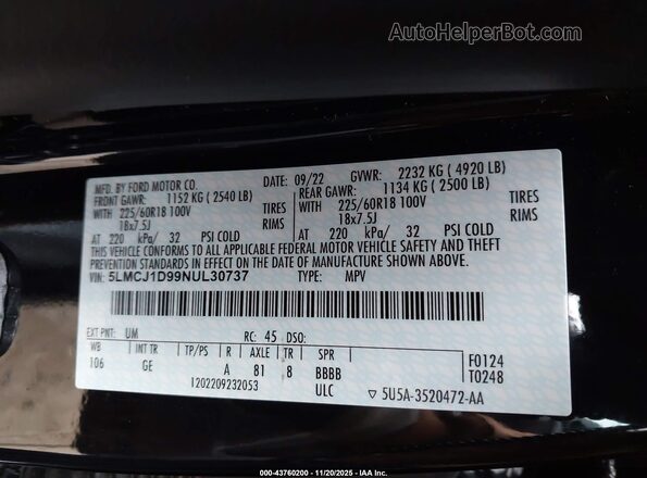 5LMCJ1D99NUL30737 2022 LINCOLN CORSAIR Black Շարժիչի բաժամունքի տեսք