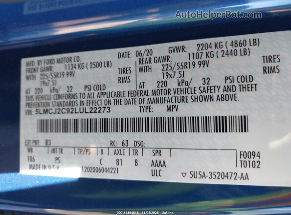 5LMCJ2C92LUL22273 2020 LINCOLN CORSAIR Blue 