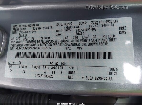5LMCJ2D97NUL06507 2022 LINCOLN CORSAIR Light Blue Widok komory silnika