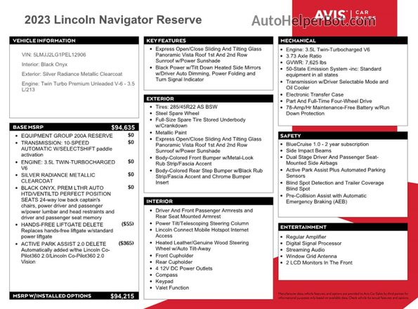 5LMJJ2LG1PEL12906 2023 LINCOLN NAVIGATOR Silver VIN კოდის სტიკერის ხედი
