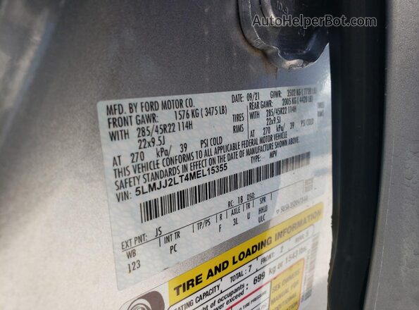 5LMJJ2LT4MEL15355 2021 LINCOLN NAVIGATOR Silver Widok naklejki z numerem VIN