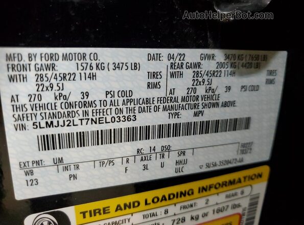 5LMJJ2LT7NEL03363 2022 LINCOLN NAVIGATOR Черный Вид наклейки с VIN-кодом