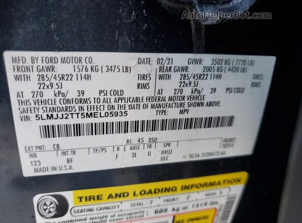 5LMJJ2TT5MEL05935 2021 LINCOLN NAVIGATOR Gray Widok naklejki z numerem VIN