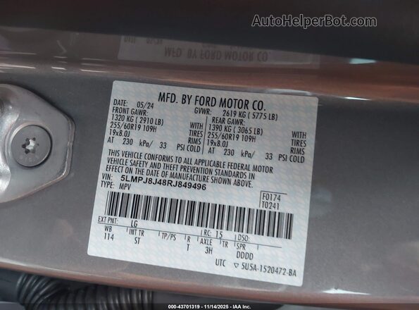 5LMPJ8J48RJ849496 2024 LINCOLN NAUTILUS Pewter Widok komory silnika