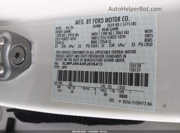 5LMPJ8K43RJ836413 2024 LINCOLN NAUTILUS White Շարժիչի բաժամունքի տեսք