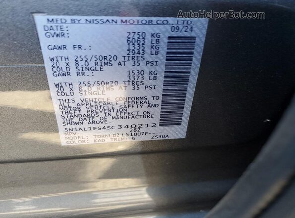 5N1AL1FS4SC340212 2025 INFINITI QX60 Gray Вид наклейки з VIN-кодом