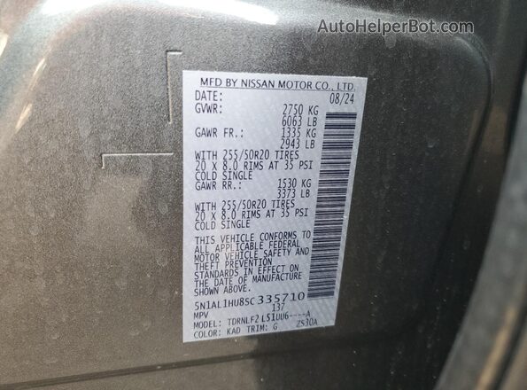 5N1AL1HU8SC335710 2025 INFINITI QX60 Charcoal VIN კოდის სტიკერის ხედი