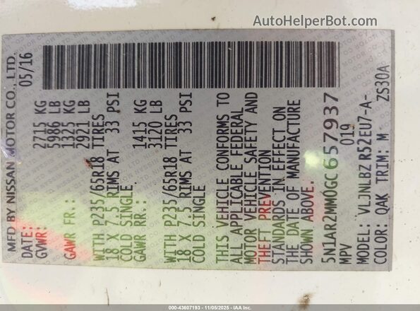 5N1AR2MM0GC657937 2016 NISSAN PATHFINDER White Engine compartment view