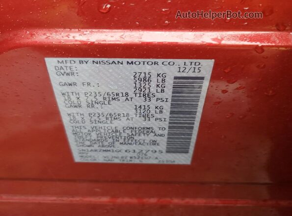 5N1AR2MM1GC612795 2016 NISSAN PATHFINDER Red VIN կոդի պիտակի տեսք