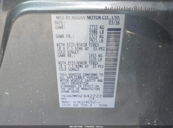 5N1AR2MM5GC642222 2016 NISSAN PATHFINDER Gray Widok komory silnika