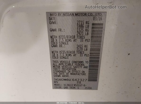 5N1AR2MM8GC642327 2016 NISSAN PATHFINDER White Вид підкапотного простору