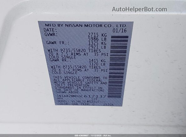 5N1AR2MMXGC617137 2016 NISSAN PATHFINDER White ძრავის განყოფილების ხედი