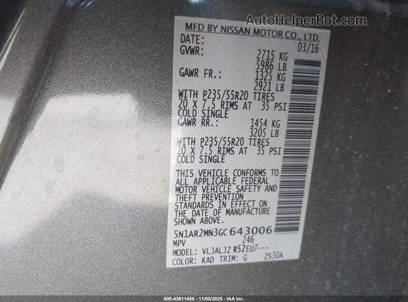 5N1AR2MN3GC643006 2016 NISSAN PATHFINDER Gray Widok komory silnika