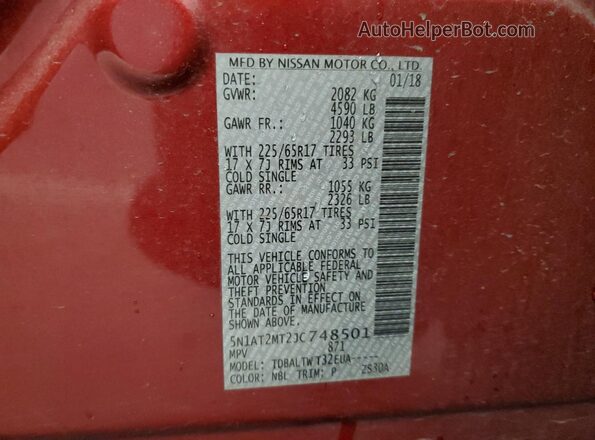 5N1AT2MT2JC748501 2018 NISSAN ROGUE Red Widok naklejki z numerem VIN