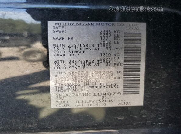 5N1AZ2AS1MC104079 2021 NISSAN MURANO Черный Вид наклейки с VIN-кодом