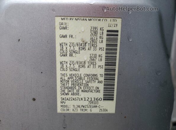 5N1AZ2AS7LN121360 2020 NISSAN MURANO Серебряный Вид наклейки с VIN-кодом