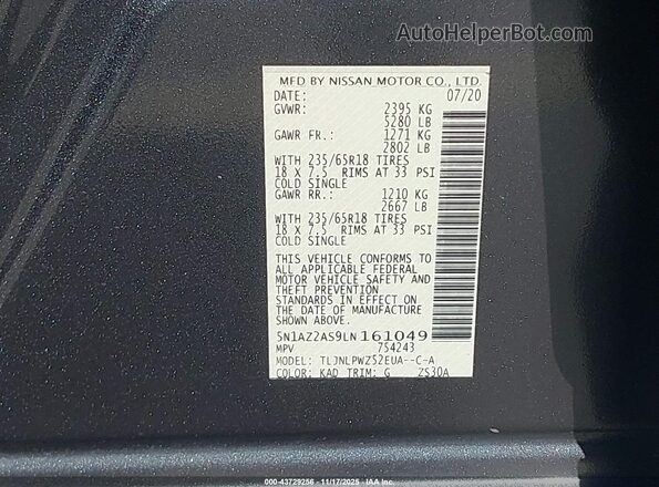 5N1AZ2AS9LN161049 2020 NISSAN MURANO Gray Շարժիչի բաժամունքի տեսք