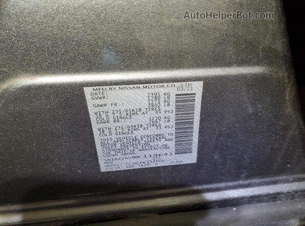 5N1AZ2AS9MC119641 2021 NISSAN MURANO Gray VIN sticker view