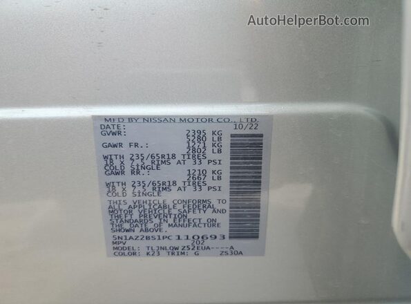 5N1AZ2BS1PC110693 2023 NISSAN MURANO Silver VIN կոդի պիտակի տեսք