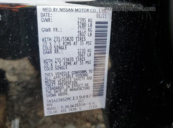 5N1AZ2BS2PC119497 2023 NISSAN MURANO Black Widok naklejki z numerem VIN
