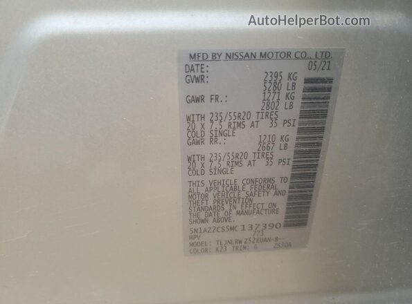 5N1AZ2CS5MC137390 2021 NISSAN MURANO Silver Widok naklejki z numerem VIN