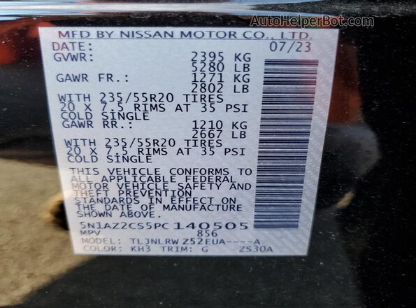 5N1AZ2CS5PC140505 2023 NISSAN MURANO Black Vista interior de 360 grados