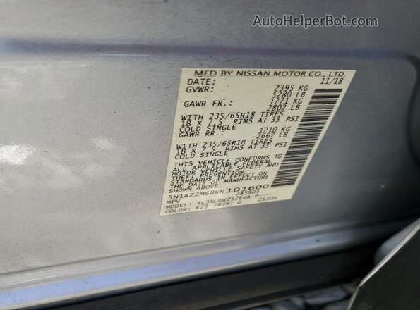 5N1AZ2MS8KN101600 2019 NISSAN MURANO Silver Vista de la etiqueta del VIN
