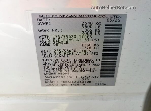 5N1AZ3BJ3SC132250 2025 NISSAN MURANO White VIN կոդի պիտակի տեսք