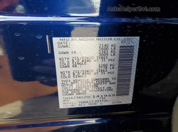 5N1AZ3BS2SC141949 2025 NISSAN MURANO Blue Vista de la etiqueta del VIN