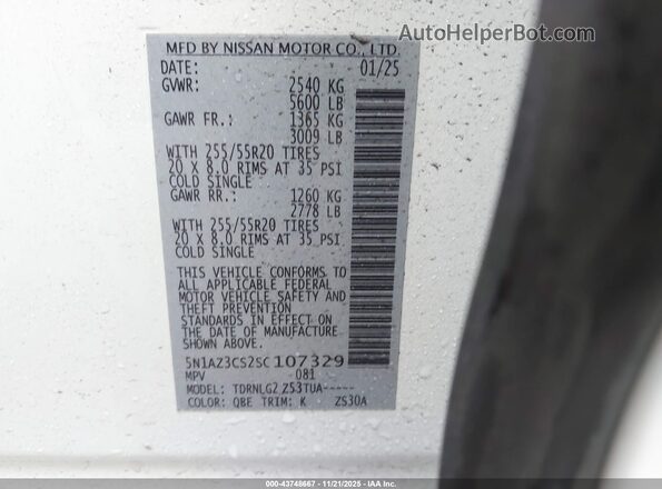 5N1AZ3CS2SC107329 2025 NISSAN MURANO White Widok komory silnika