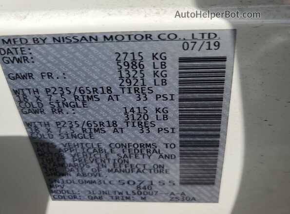5N1DL0MM3LC507155 2020 INFINITI QX60 White Widok komory silnika