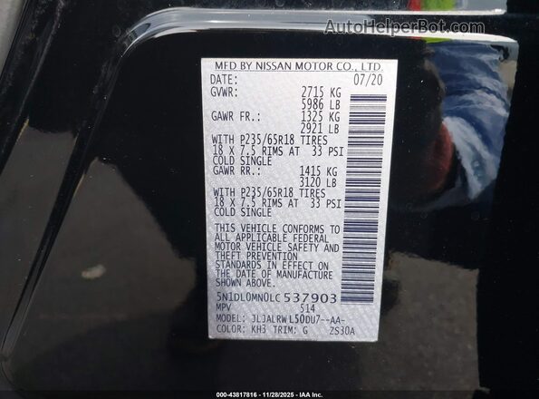 5N1DL0MN0LC537903 2020 INFINITI QX60 Black Вид підкапотного простору