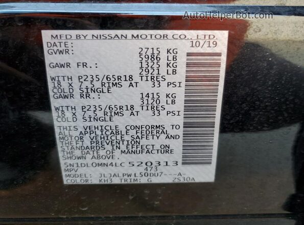 5N1DL0MN4LC520313 2020 INFINITI QX60 Black Widok naklejki z numerem VIN