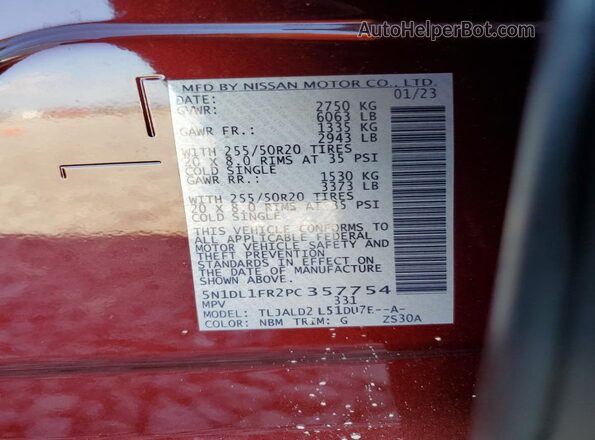 5N1DL1FR2PC357754 2023 INFINITI QX60 Maroon Вид підкапотного простору