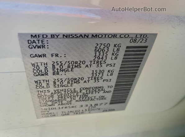 5N1DL1FR5RC331877 2024 INFINITI QX60 White VIN sticker view