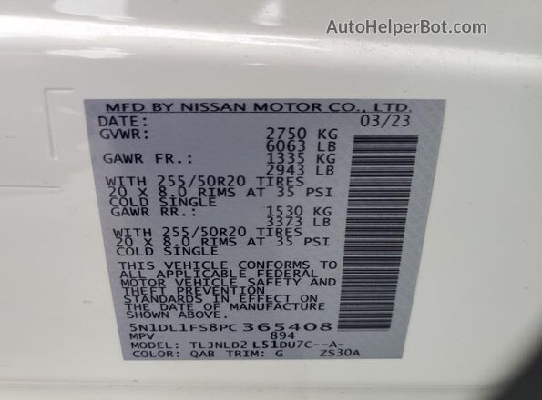 5N1DL1FS8PC365408 2023 INFINITI QX60 White VIN կոդի պիտակի տեսք