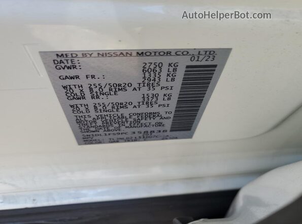 5N1DL1FS9PC358838 2023 INFINITI QX60 White VIN კოდის სტიკერის ხედი