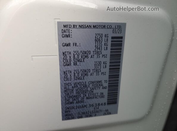 5N1DL1GS6PC363848 2023 INFINITI QX60 Белый Вид наклейки с VIN-кодом