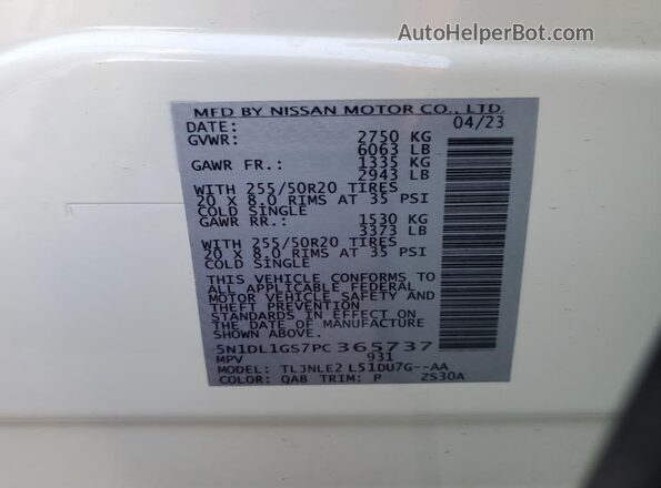 5N1DL1GS7PC365737 2023 INFINITI QX60 White Панорамний вид салону 360°