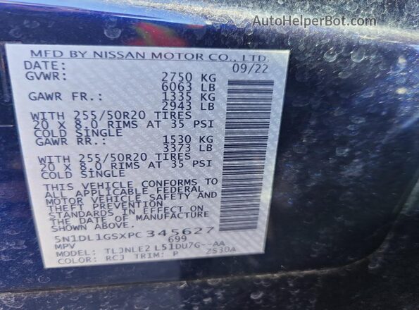 5N1DL1GSXPC345627 2023 INFINITI QX60 Blue VIN კოდის სტიკერის ხედი