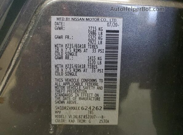 5N1DR2AMXLC624262 2020 NISSAN PATHFINDER Gray VIN კოდის სტიკერის ხედი
