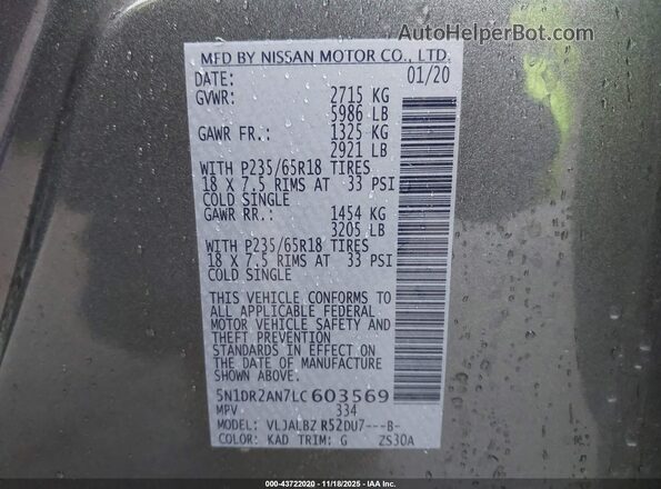5N1DR2AN7LC603569 2020 NISSAN PATHFINDER Gray Շարժիչի բաժամունքի տեսք