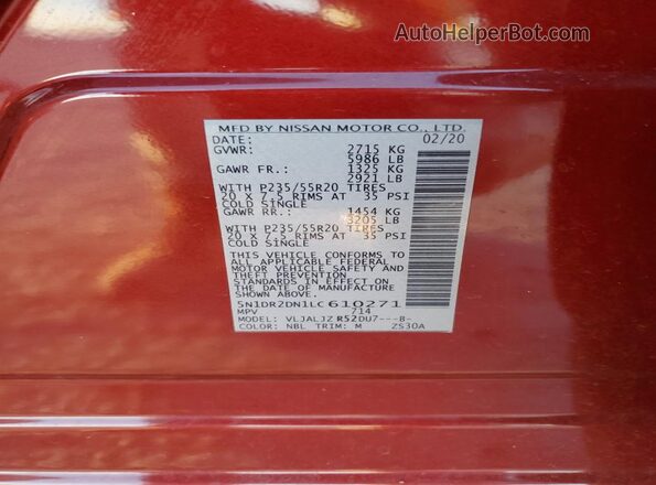 5N1DR2DN1LC610271 2020 NISSAN PATHFINDER Burgundy Вид наклейки з VIN-кодом