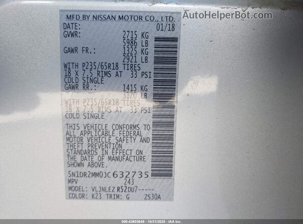 5N1DR2MM0JC632735 2018 NISSAN PATHFINDER Silver 