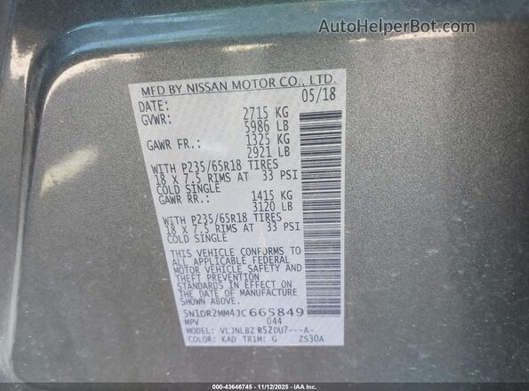 5N1DR2MM4JC665849 2018 NISSAN PATHFINDER Gray ძრავის განყოფილების ხედი