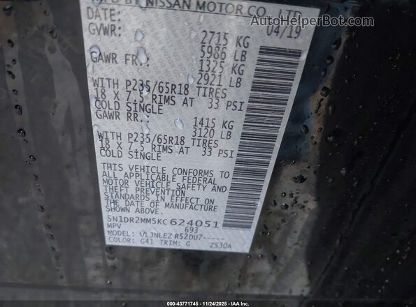 5N1DR2MM5KC624051 2019 NISSAN PATHFINDER Black Vista del compartimento del motor