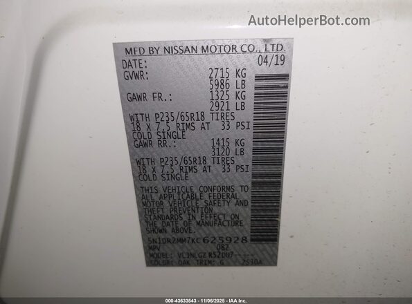5N1DR2MM7KC625928 2019 NISSAN PATHFINDER White 