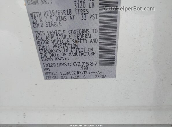 5N1DR2MM8JC627587 2018 NISSAN PATHFINDER White ძრავის განყოფილების ხედი