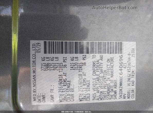 5N1DR2MMXKC640696 2019 NISSAN PATHFINDER Gray Շարժիչի բաժամունքի տեսք